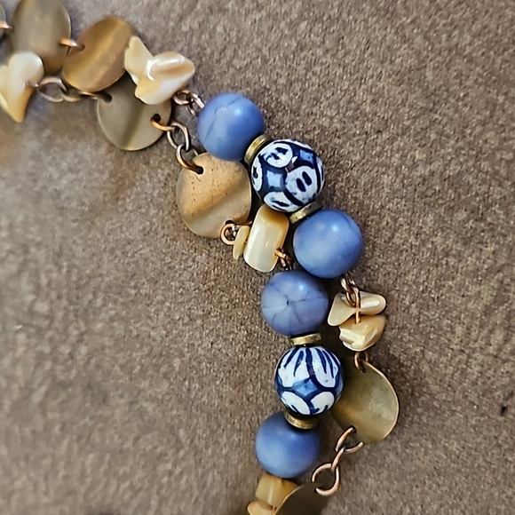 VTG Coldwater Creek Ceramic Shell Bronze Disc Beaded Chain Long Necklace - Picture 3 of 9